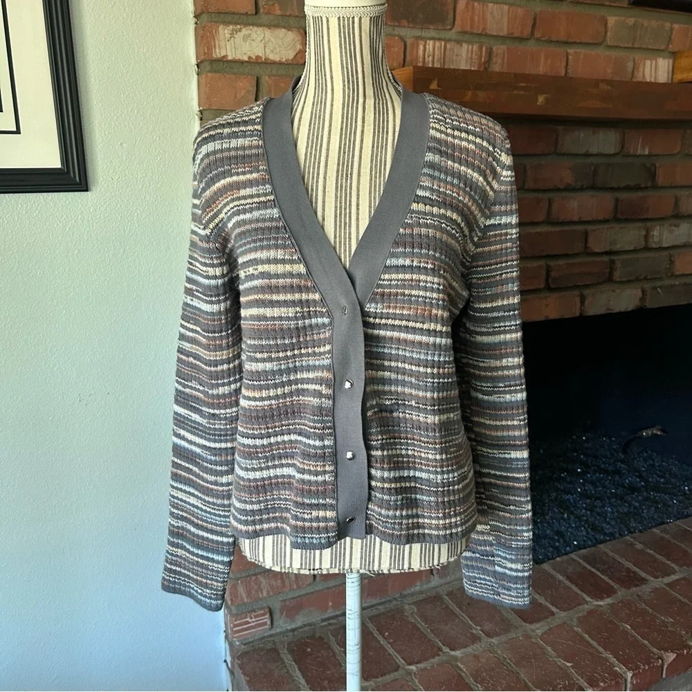 PXG Women’s Open Knit Striped Cardigan in Multi Gray Sz L